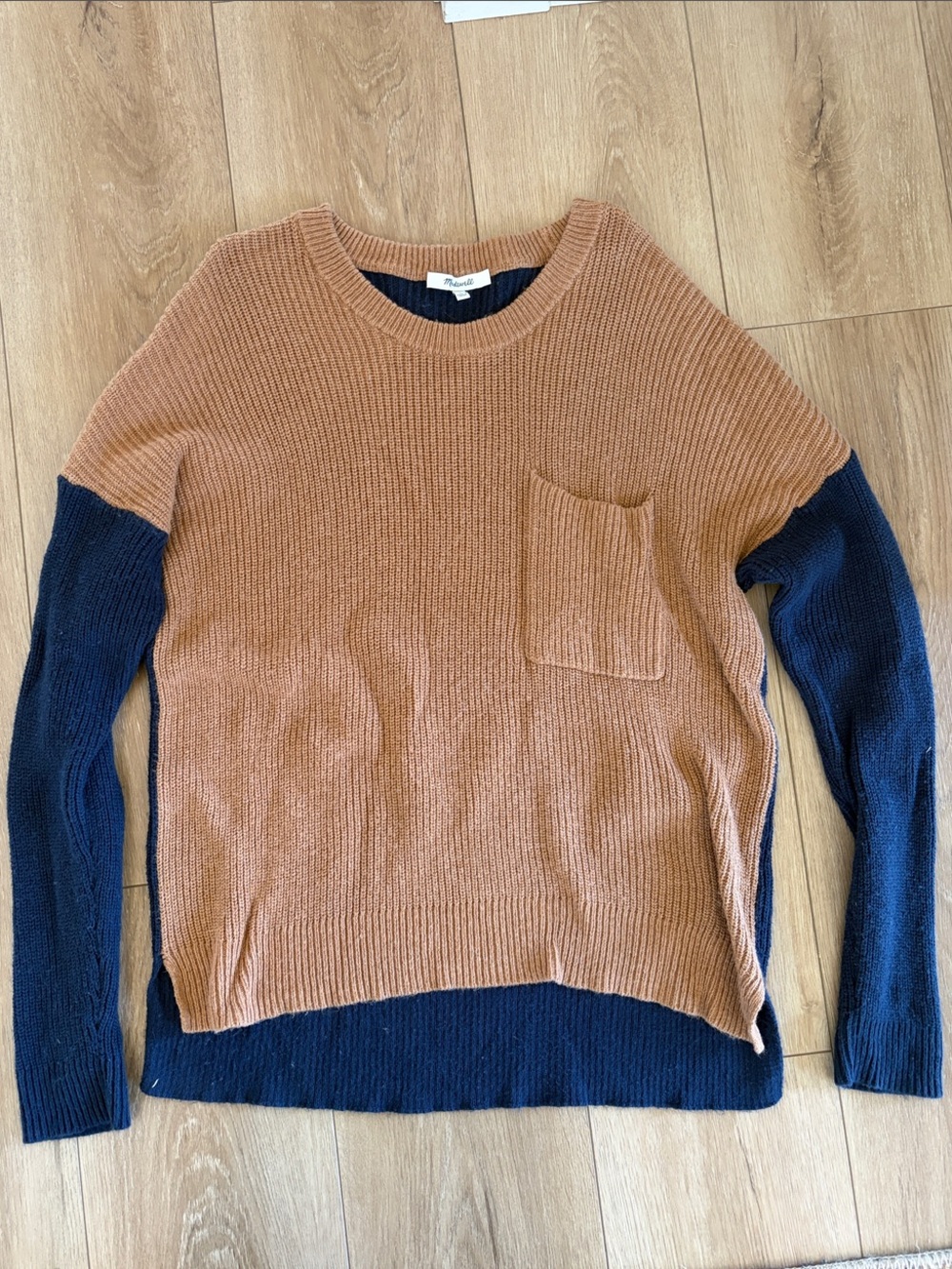 Madewell Two-Tone Crewneck Sweater in Camel and Navy